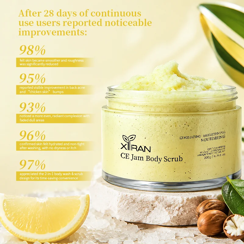 XIRAN CE Jam Body Scrub jar placed on white stones with lemons and nuts, showing exfoliating scrub and improvement statistics of user results.